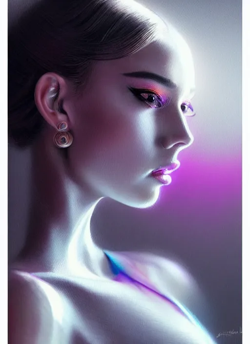 Prompt: photorealistic portrait of female humanoid, cyber neon lights, highly intricate, retro 6 0 s haute couture fashion, elegant, highly detailed, crispy quality, trending on artstation, trending on pinterest, glamor pose, no signature, no watermark, art by artgerm and greg rutkowski