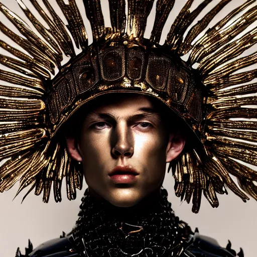 Prompt: a portrait of a beautiful young male wearing an alexander mcqueen armor made of mercury , photographed by andrew thomas huang, artistic