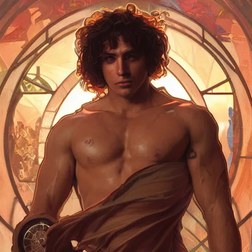 Image similar to painting ricardo milos as prisoner of azkaban. cheerful. happy. art by artgerm and greg rutkowski and alphonse mucha. during golden hour. extremely detailed. beautiful. 4 k. award winning.