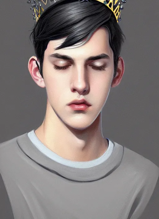 Image similar to portrait of teenage jughead jones wearing a light grey crown, photorealistic, crown, eyes closed, crown, black hair, intricate, elegant, glowing lights, highly detailed, digital painting, artstation, concept art, smooth, sharp focus, illustration, art by wlop, mars ravelo and greg rutkowski