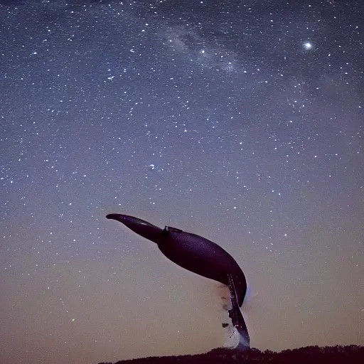 Image similar to a whale lifts its head to ponder the stars.