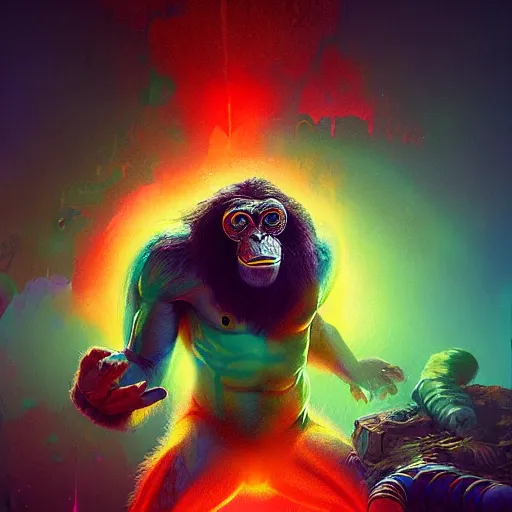 Prompt: a heroic psychedelic ape, hero character art, scars, by MADHOUSE and greg rutkowski and Salvador Dali a vibrant fantasy lovecraftian style, octane, dramatic lighting, raytracing, 4k, hyperdetailed, hd.