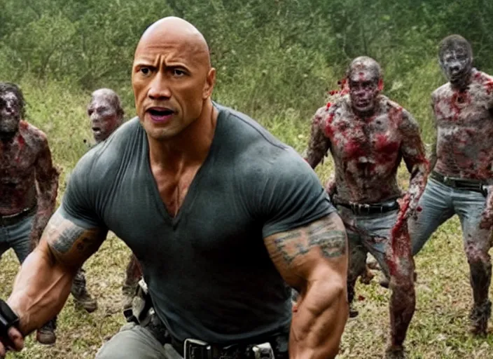 Prompt: film still of dwayne the rock johnson surrounded by zombies in the new walking dead tv series, 4 k