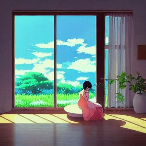 Image similar to incredible, a e s t h e t i c by makoto shinkai kokedama. a beautiful conceptual art harmony of colors, simple but powerful composition. a scene of peaceful domesticity, with a mother & child in the center, surrounded by a few simple objects. colors are muted & calming, serenity & calm.