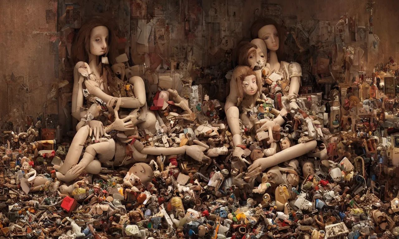 Image similar to a cinematic portrait of a beautiful female jointed wooden doll, holding each other, abandoned, surrounded by broken toys and rubbish, by James C. Christensen, by Tomasz Alen Kopera, by Raphael, 8K, rendered in Octane, cinematic, 3D, volumetric lighting, highly detailed