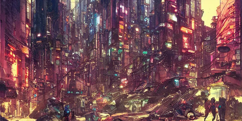 Image similar to futuristic cyberpunk city, trash in street, dark tall people, night, colored neons, video screens, street lights, cinematic, illustration by moebius and enki bilal