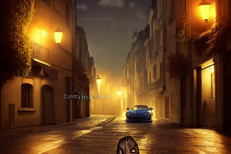 Prompt: a wholesome animation key shot of one focused ferrari, dynamic, on an ancient paris street, photo taken at night, wide shot, studio ghibli, pixar and disney animation, sharp, very detailed, high resolution, rendered in unreal engine 5, anime key art by greg rutkowski, overcast lighting, dark