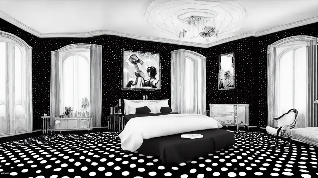 Prompt: art deco bedroom, black and white dots, ultra detail, photoreal, professionally retouched, black and white colors, wide angle, 8 k high definition, insanely detailed, intricate, elegant, art by artgerm and wlop