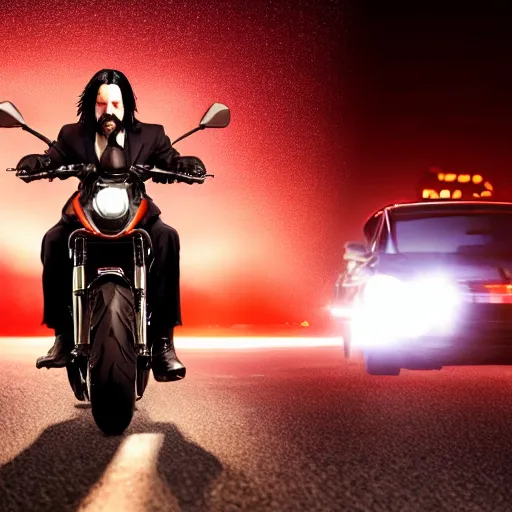 Image similar to chibi john wick riding a sports motorbike at night, movie still, 4 k