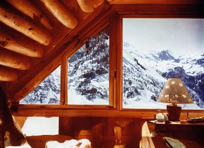 Image similar to a 3 5 mm kodachrome photo of a cozy cabin in the swiss alps in the 1 9 5 0's