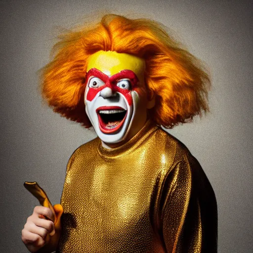 Prompt: extremely detailed studio portrait of ronald mcdonald surrended by gold, soft light, golden glow, award winning photo, 4 k