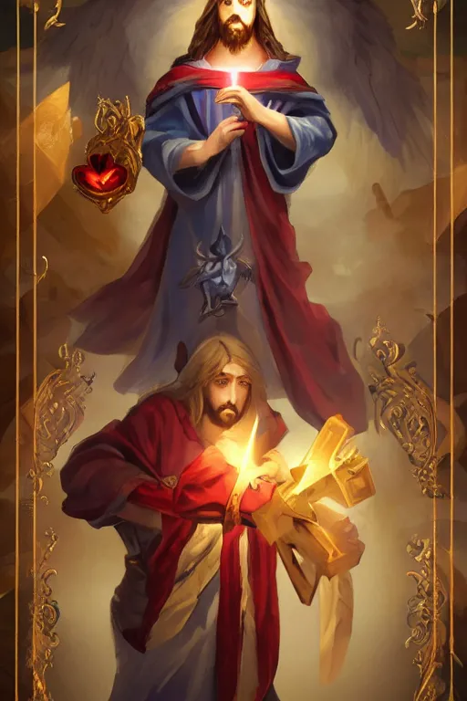 Prompt: A card with description and status of Jesus Christ as a DOTA 2 character holding a Sacred Heart armor, card game, card, trade card game, Artifact Dota2, by Stanley Artgerm Lau, WLOP, Rossdraws, James Jean, Andrei Riabovitchev, Marc Simonetti, Yoshitaka Amano, ArtStation, CGSociety,