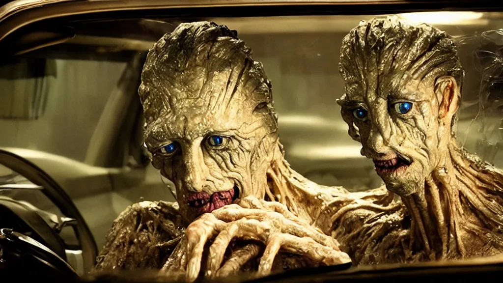 Image similar to the creature sits in a car, made of wax and metal, they look me in the eye, film still from the movie directed by Denis Villeneuve and David Cronenberg with art direction by Salvador Dalí, wide lens