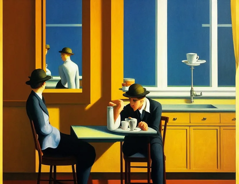 Prompt: a painting of a person drinking 1 0 cups of coffee into a droste effect, harsh monday mood in a kitchen that is slowly melting, styled and painted by edward hopper and magritte