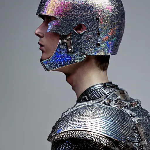 Prompt: a portrait of a beautiful young male wearing an alexander mcqueen armor made of holographic acrylic , photographed by andrew thomas huang, artistic