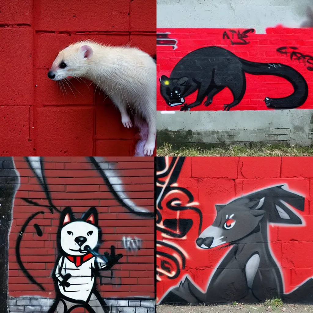 Prompt: ( ( ( red + black = ( furry fandom * fursona ) ) / ( weasel * ferret * stoat ) ) + ( smoke * backing ) ) = ( wall + graffiti )