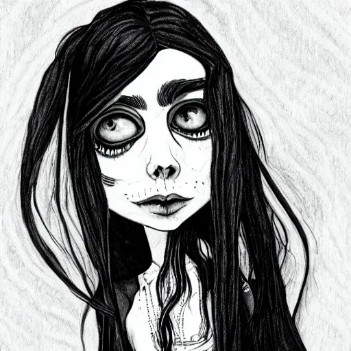 Image similar to grunge drawing of billie eilish in the style of corpse bride