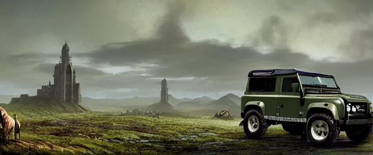 Image similar to Land Rover Defender 110 (1985), an epic fantasy, dramatic lighting, cinematic, establishing shot, extremely high detail, photorealistic, cinematic lighting, artstation, by simon stalenhag, The Elder Scrolls IV: Oblivion, Green Cyrodiil plains, Imperial City with the Adamantine Tower in the middle in the distance, at day