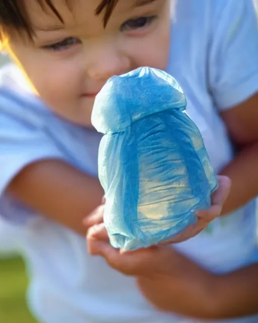 Prompt: child holding a balloon tardigrade on a string. helium balloon in the shape of a cute tardigrade.