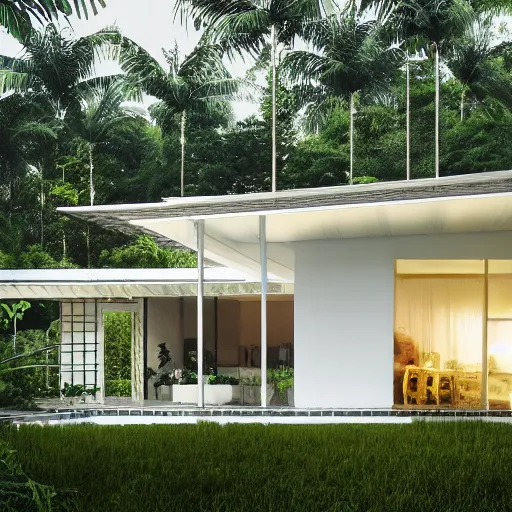 Prompt: simple house architecture in the rainy tropical forest made of glass and white cloth, flowers in the foreground, Wes Anderson and Mies van der Rohe style, wide angle cinematic lighting atmospheric realistic octane render highly detailed in he style of craig mullins, full hd render + 3d octane render + unreal engine 5 + Redshift Render + Cinema4D + C4D + Rendered in Houdini + Houdini-Render + Blender Render + Cycles Render + OptiX-Render + Povray + Vray + CryEngine + LuxCoreRender + MentalRay-Render + Raylectron + Infini-D-Render + Zbrush + DirectX + Terragen + Autodesk 3ds Max + After Effects + 4k UHD + immense detail + interdimensional lightning + studio quality + enhanced quality,