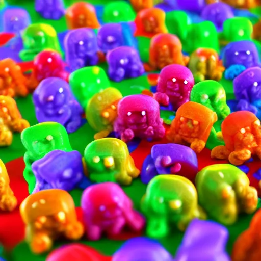 Prompt: an eldritch candy land full of crocheted gummy bears, ultra realistic, artstation, unreal engine, highly detailed, realistic lighting, dynamic shading