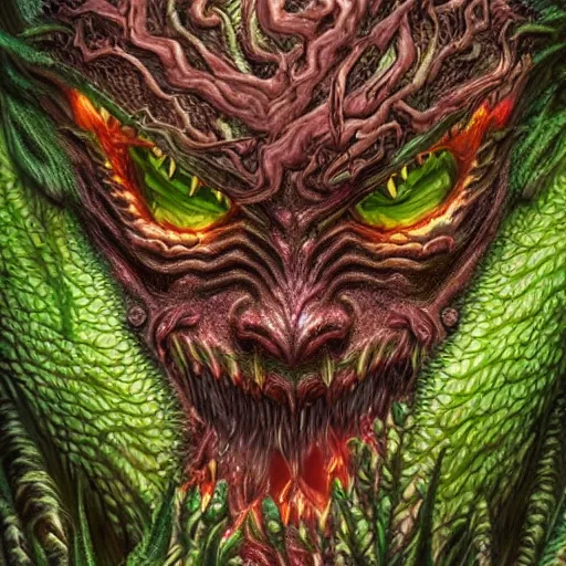 Prompt: a plant monster, menacing expression, nature themed, 4 k, glowing amber eyes, intricate details, highly detailed, kentaro miura art style