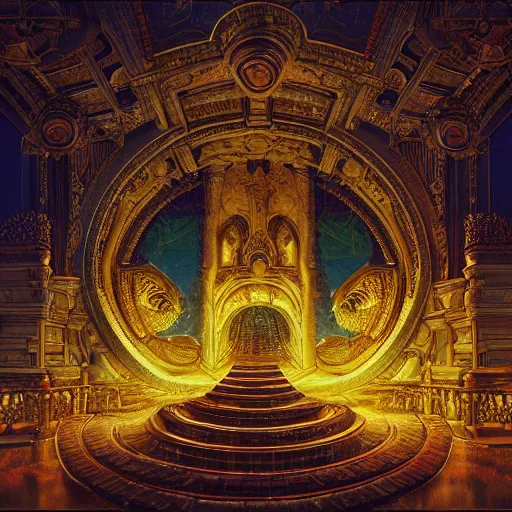 Image similar to Photorealistic Heavenly palace in the style of Michael Whelan and Gustave Dore. Hyperdetailed photorealism, 108 megapixels, amazing depth, glowing rich colors, powerful imagery, psychedelic Overtones, 3D finalrender, 3d shading, cinematic lighting, artstation concept art