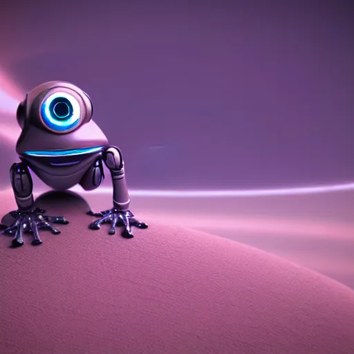 Image similar to a robot frog in an unknown planet, aliens look at it, octane render, hyperrealistic, ultra coherent, 3D