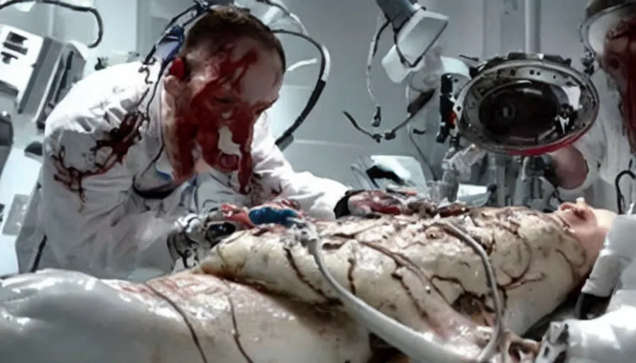 Image similar to Big budget horror movie about a cyborg doing an autopsy on a giant squid's eyeball