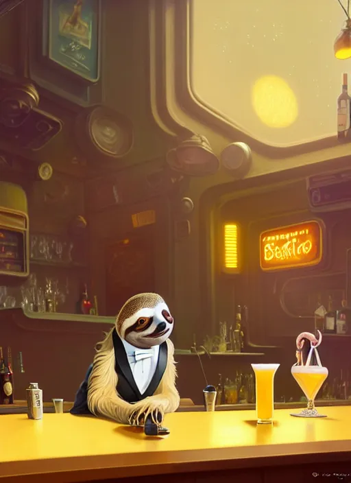 Prompt: sloth anthro as a dapper bartender with a big, fluffy tail, retro futurism, art deco, detailed painterly digital art style by WLOP and Cory Loftis, 🐿🍸🍋, 8k octane beautifully detailed render, post-processing, extremely hyperdetailed, intricate, epic composition, grim yet sparkling atmosphere, cinematic lighting + masterpiece, trending on artstation, very detailed, vibrant colors