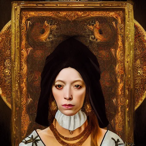 Image similar to portrait, headshot, digital painting, of Mother Ayahuascaa as a 17th century, beautiful female Royal, dark hair, amber jewels, baroque, ornate clothing, scifi, futuristic, realistic, hyperdetailed, chiaroscuro, concept art, art by caravaggio