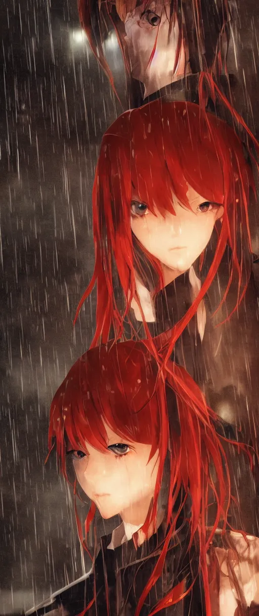 Image similar to asuka langley in a dishonored town, dunwall city, advanced digital art, dishonored aesthetic, cinematic lighting, rainy weather, melancholy atmosphere, artstation, dunwall city, gothic architecture, volumetric light, octane render, dishonored game, dishonored 1, atmosphere or depression and despair, bokeh blur, anime character portrait, cute anime face