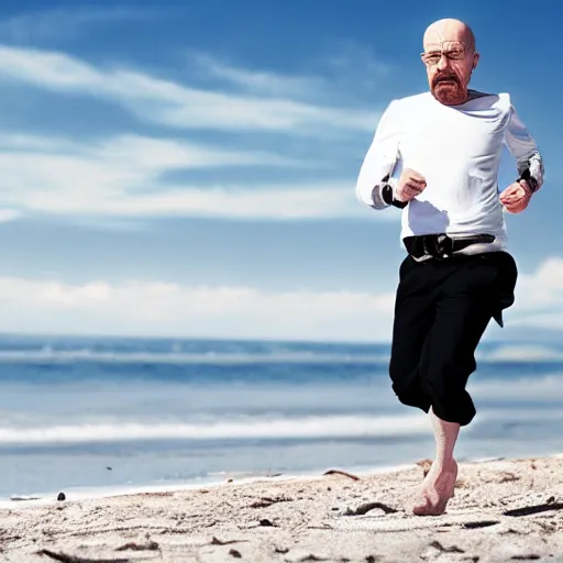 Image similar to Walter White running on the beach, artistic, 8k, cinematic