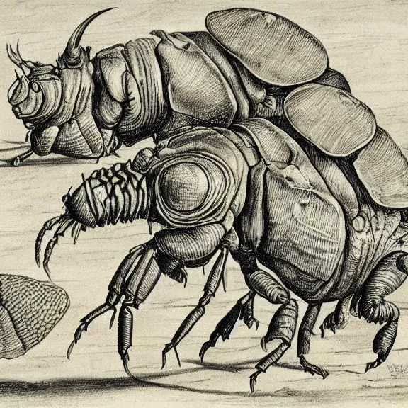 Image similar to a detailed, intricate drawing of a rhinoceros beetle rhinceros on a beach, by albrecht durer