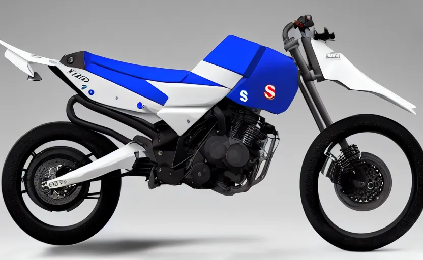 Prompt: suzuki prototype, dakar motorbike, symmetrical mechanical features, designed by professional, fog and dirt, industrial design, northen lights background, brushed white and blue paint, black wheel rims, hard surfaces modelling, show room scene, dramatic lighting, hyper realistic rendering, octane, depth of field, bokeh effect, 1 5 0 mm, 4 k