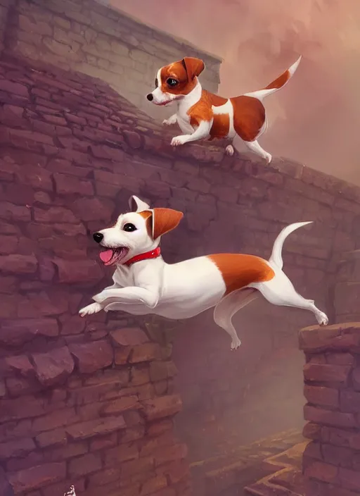 Image similar to adorable jack russel terrier jumping over a brick wall, fantasy art, artstation character design contest winner, trending on cgsociety, concept art, speedpaint, beautiful digital art, jesper ejsing, james jean, justin gerard, fenghua zhong, makoto shinkai, highly detailed