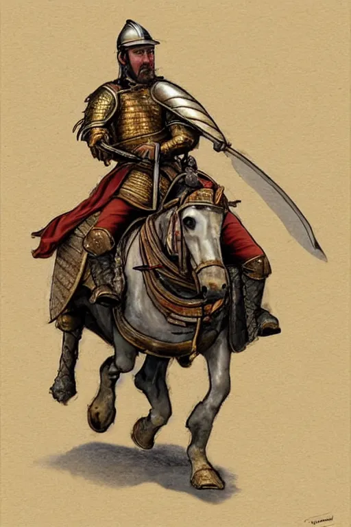 Image similar to ( ( ( ( ( ( ( a knight riding a horse with wagon wheels ) ) ) ) ) ) ) by chris mcgrath and greg rutowski and wlop!!!!!!!!!!!!!! muted colors, detailed