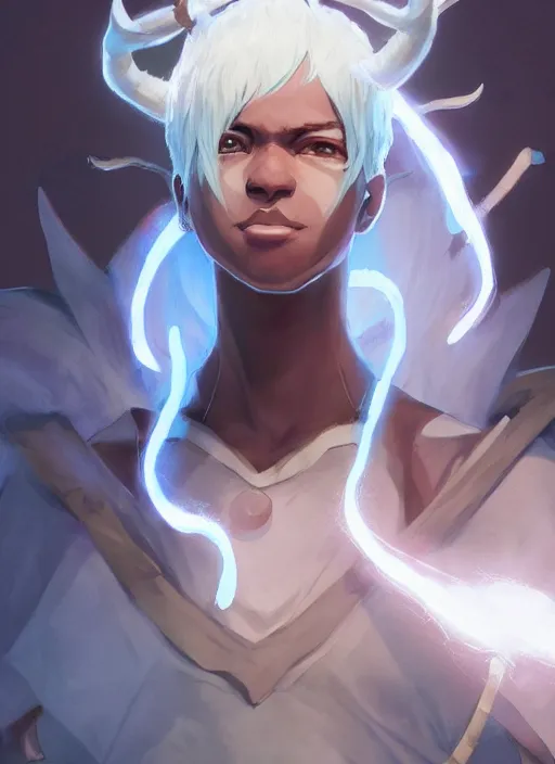 Prompt: concept art painting of a dark skinned person with short white hair, demon horns, white freckles, full clothing, blue robes, detailed, cel shaded, in the style of ruan jia and artgerm and makoto shinkai and james gurney