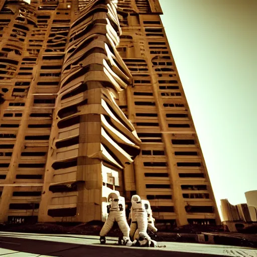 Image similar to year - 2 0 8 0 photo of : a vast retro - futuristic brutalist building on mars, surrounded by citizens in space - suits walking or driving buggies. professional architectural photography.