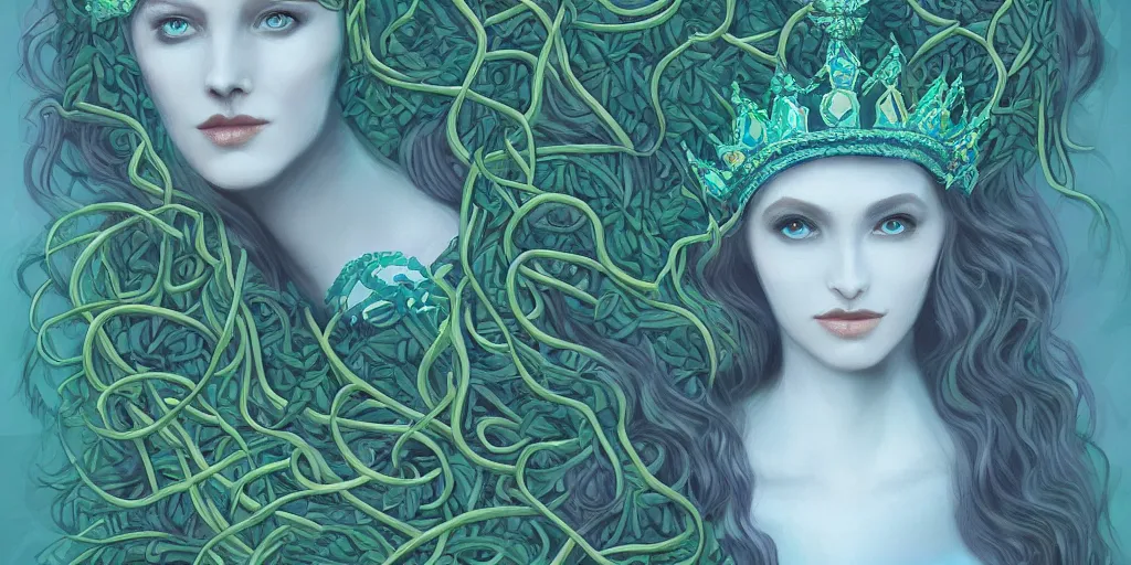 Image similar to portrait of the queen of snakes, pale blue, emerald, sapphire, wearing a crown of vines, moonlit, dark fantasy, artstation