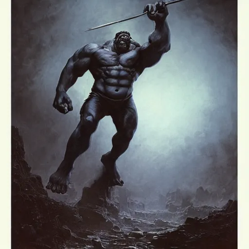 Image similar to artstation concept a midnight blue hulk holding an axe, dusty brown background, grotesque face, hyperdetailed, artstation trending, world renowned artists, worth 1 0 0 0. com, historic artworks society, antique renewel, cgsociety, by greg rutkowski, by gustave dore, deviantart