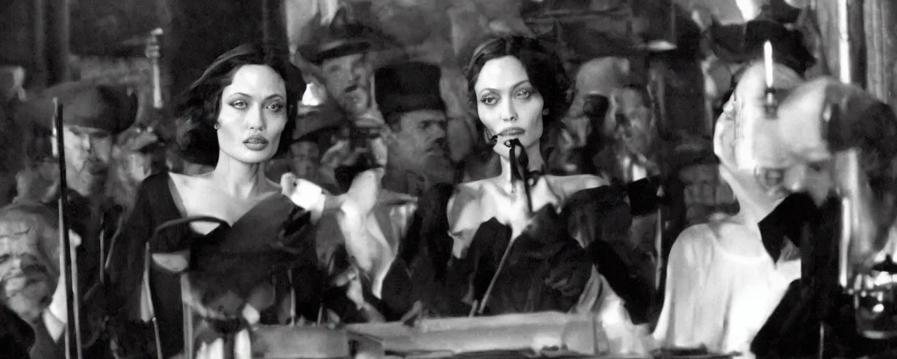 Image similar to revolution in 1 9 2 3 paris, angelina jolie delivers a speech, noir, photorealistic