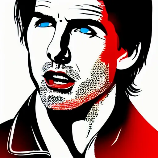 Image similar to portrait pop art comic illustration of Tom Cruise, profile view, bright colors, high detail, angry, sullen