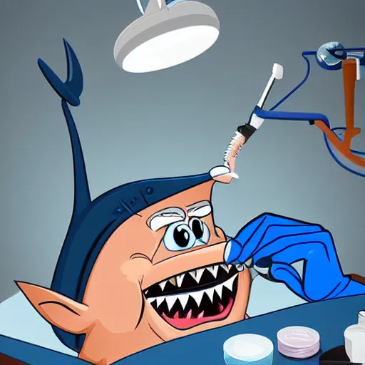 Prompt: cartoon shark having dental work done in the dentist chair by Donald trump who is also a dentist, Rembrandt