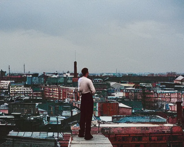 Image similar to lomo photo of man standing on the roof of soviet hrushevka, small town, cinestill, bokeh, out of focus