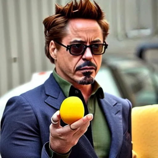 Image similar to robert downey jr. eating a mango.