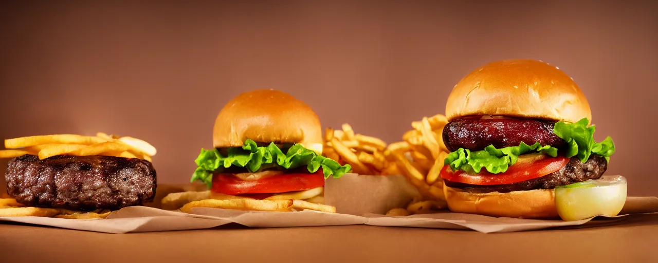 Prompt: juicy burger from a fast food restaurant, depth of field, food photography, isometric, tasty, mcdonalds, wide shot, studio, bokeh, gmaster, cooking, food, kodak, sony, canon