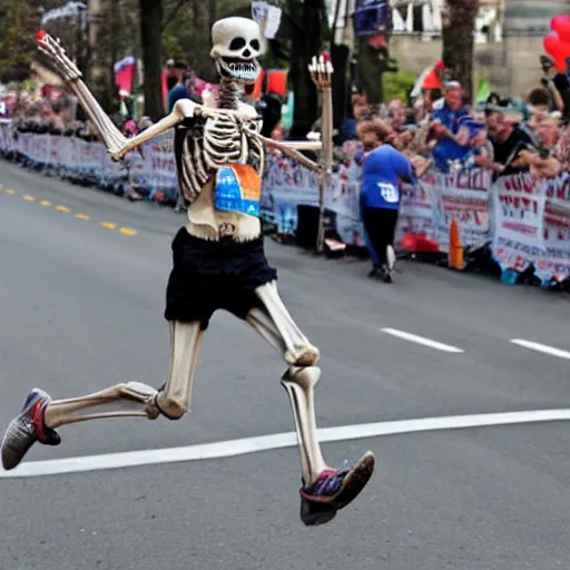 Prompt: A skeleton winning a marathon after a long and grueling marathon, associated press photo, award winning photograph, dynamic pose, 8k, award-winning, sharp focus