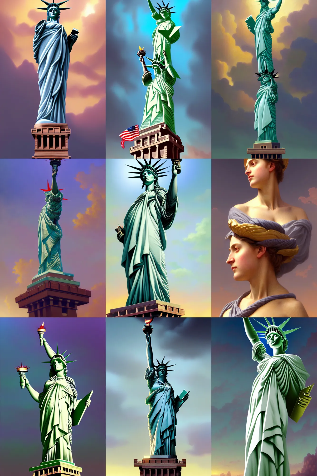 Prompt: depiction of a real life version of the statue of liberty, illustration by mandy jurgens and william adolphe bouguereau, artgerm, 4 k, digital art, surreal, highly detailed, artstation, digital painting, concept art, smooth, sharp focus, illustration by mandy jurgens and william adolphe bouguereau