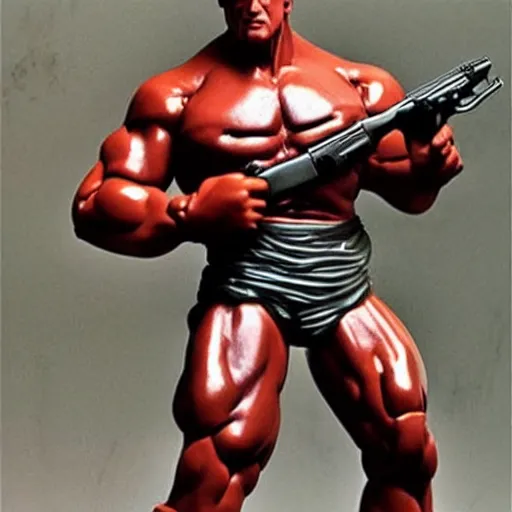 Image similar to advertising print 12 inch full body lifelike action figure of Sylvester Stallone as Rambo. Big muscles. Holding a fully automatic rifle
